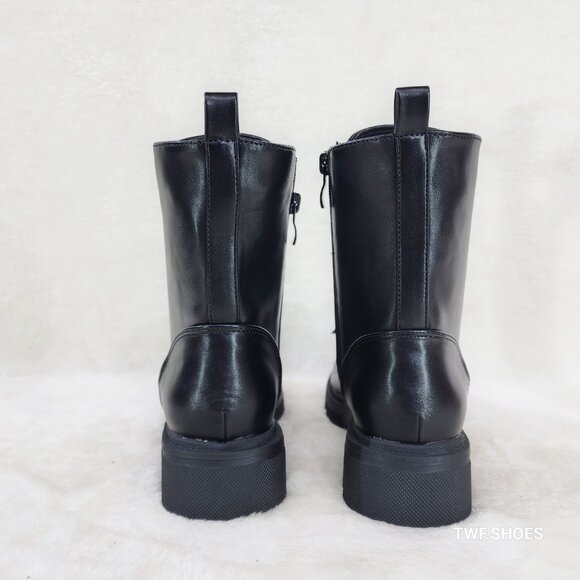 Rylee Black Combat Ankle Boots Iridescent Rhinestone Tongue and Rope Laces - Picture 4 of 6